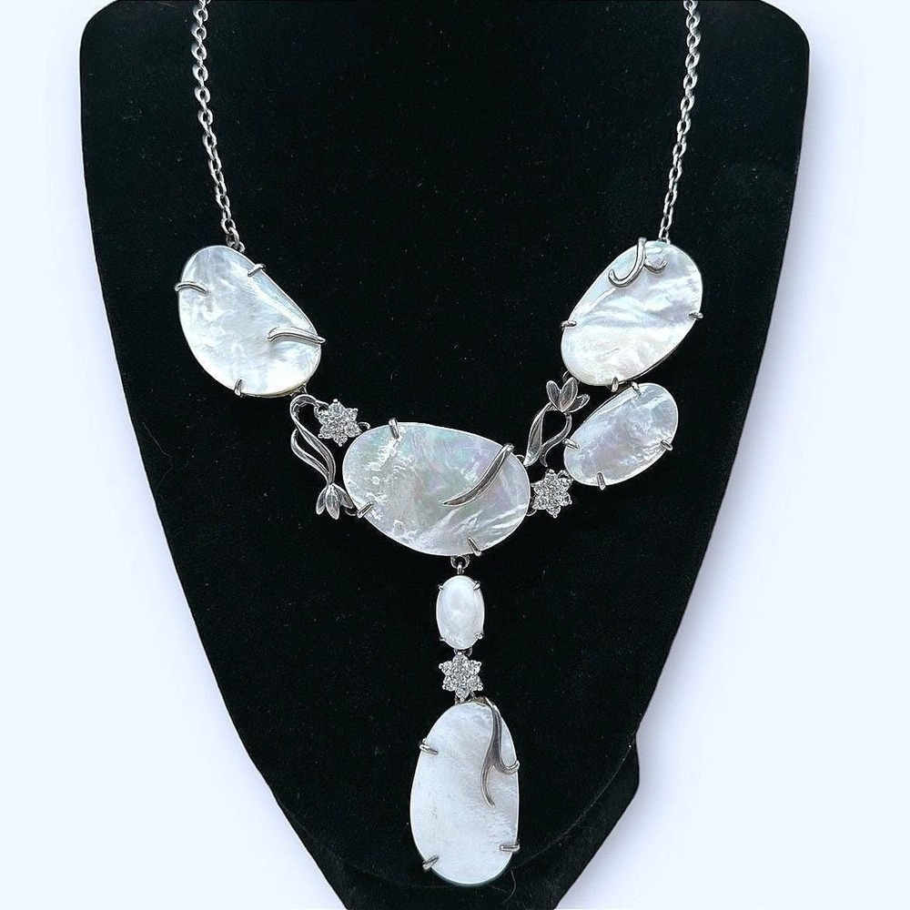 Vintage Mother of Pearl Necklace Sterling Silver Y Drop Modernist Artisan 20-22"